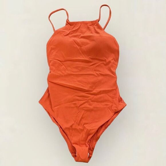 Andie The Asbury Ribed One Piece Swimsuit High neck Adjustable straps Size L NWT - Picture 2 of 9